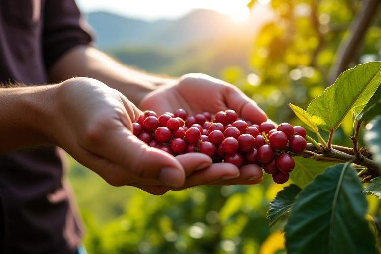 Hands of a coffee farmer inspecting coffee cherries on a plant, ethical coffee sourcing.