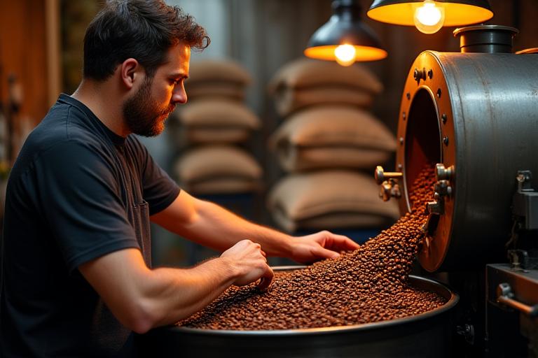 A roaster inspecting freshly roasted coffee beans, artisanal coffee roasting process.
