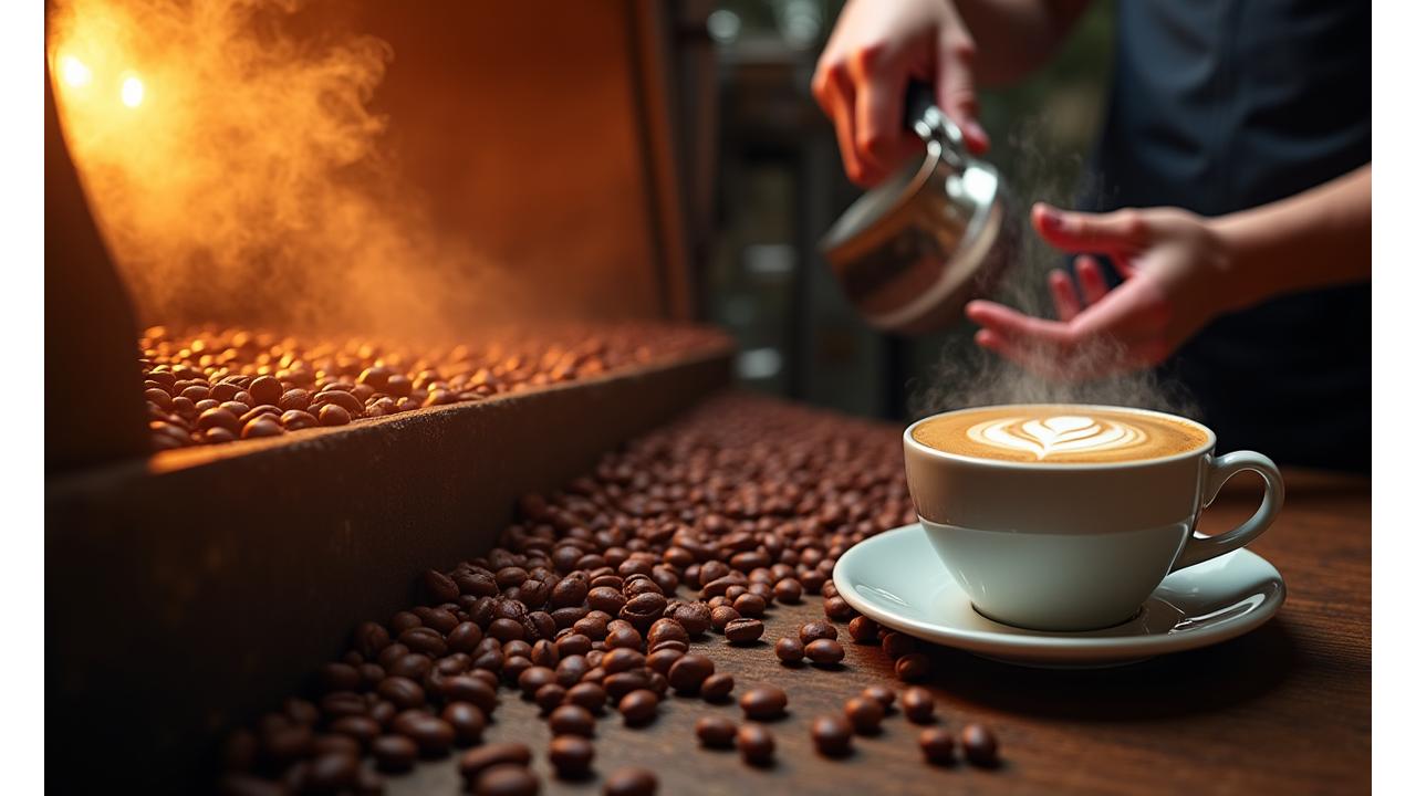 Close up of coffee beans being roasted, steam rising from a fresh cup of coffee, and barista preparing latte art