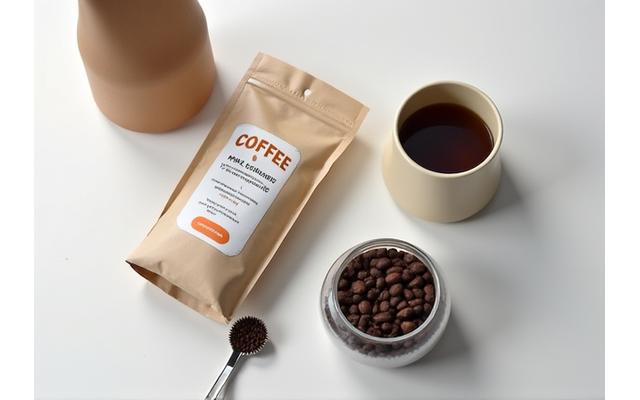 A bag of coffee beans next to an airtight container and a small scoop, indicating proper storage.