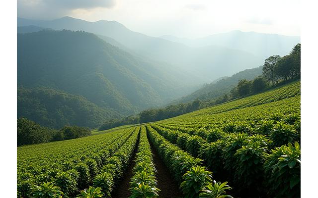 Lush coffee plantation landscape in Panama with misty mountains in the background.