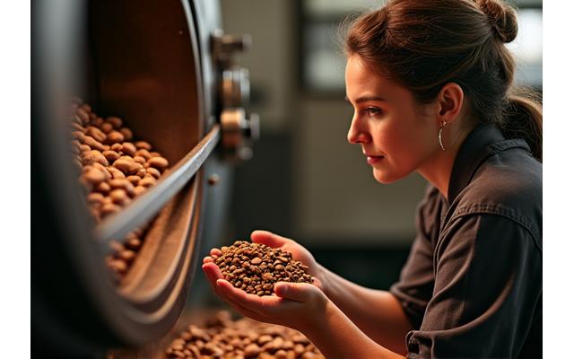 A skilled coffee roaster carefully inspecting beans in the roasting machine.