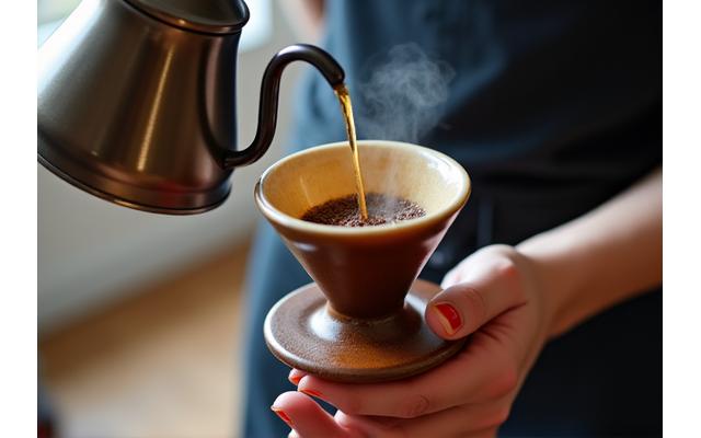 Close-up of a pour-over coffee brewing method with skilled hands pouring water.