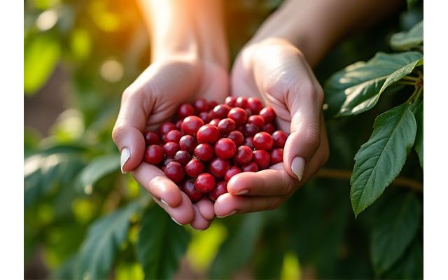 Hands sorting coffee cherries on a vibrant plant, representing ethical sourcing.