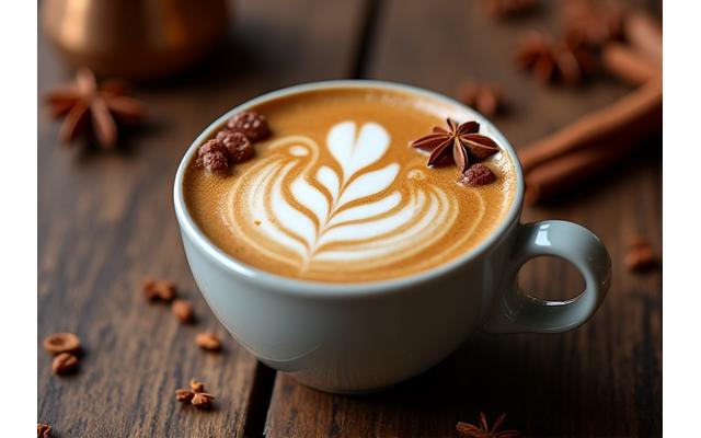 A cozy latte art with star anise and cinnamon sticks on a wooden table, steam rising.