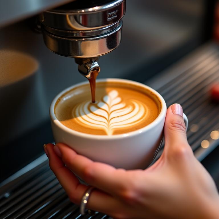 Barista meticulously pouring latte art into a coffee cup