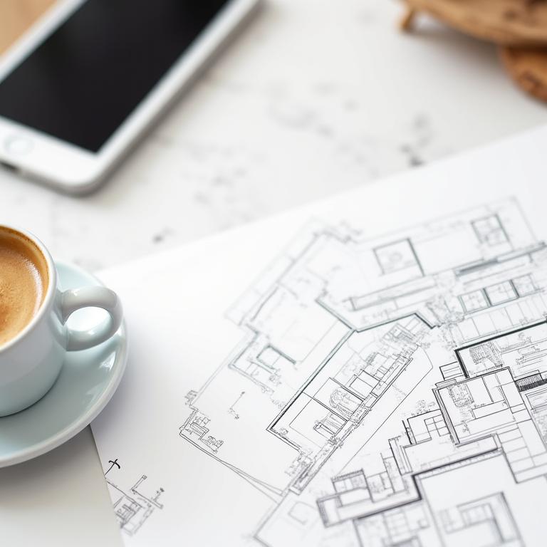 Architectural drawings and a coffee cup on a table for cafe consulting