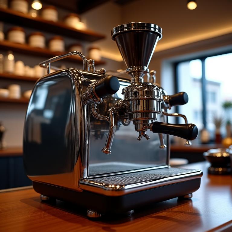 Shiny professional espresso machine and grinder on a counter