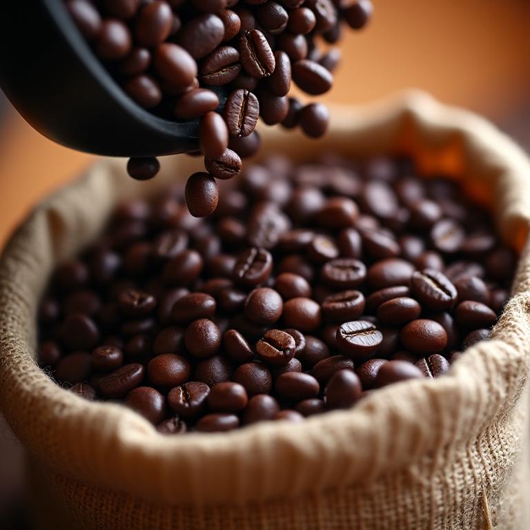 Freshly roasted coffee beans being poured into a bag